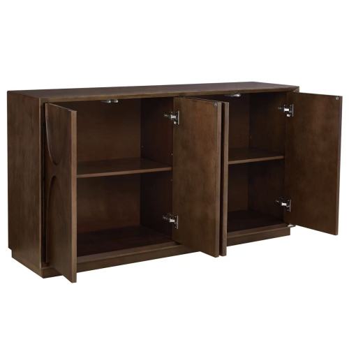 4 Door Accent Cabinet with Carved Wood Doors Adjustable Shelves and Cable Management