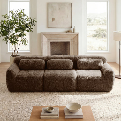 114 inch  Chocolate Plush Modular Sectional Sofa,Buckle Connection,No Assembly,Throw Pillows