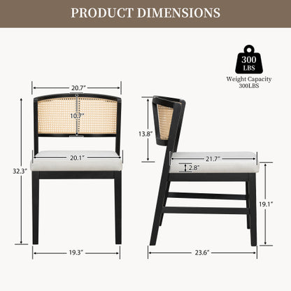 Set of 2 Rattan Dining Chairs with Upholstered Seat, Curved Rattan Back and Rubber Wood Frame, Black
