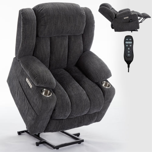 Up to 350 LBS Chenille Power Lift Recliner Chair, Heavy Duty Motion Mechanism with 8-Point Vibration Massage and Lumbar Heating, USB and Type-C Ports, Stainless Steel Cup Holders, Grey
