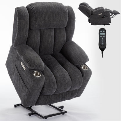 Up to 350 LBS Chenille Power Lift Recliner Chair, Heavy Duty Motion Mechanism with 8-Point Vibration Massage and Lumbar Heating, USB and Type-C Ports, Stainless Steel Cup Holders, Grey