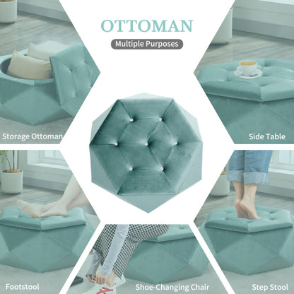 34 inch Green Polygon Velvet Storage Ottoman, Diamond Tufted Upholstered Footrest for Living Room & Bedroom Storage