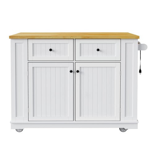 48inch Kitchen Island with 2 Bar Stools, Power Outlet, Door Internal Storage Rack, Kitchen Storage Cart on 5 Wheels with Drop Leaf, 5 Side Racks, 2 Drawers,White