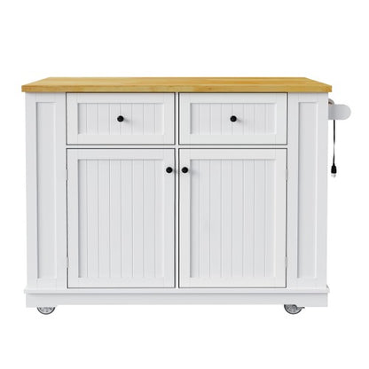 48inch Kitchen Island with 2 Bar Stools, Power Outlet, Door Internal Storage Rack, Kitchen Storage Cart on 5 Wheels with Drop Leaf, 5 Side Racks, 2 Drawers,White