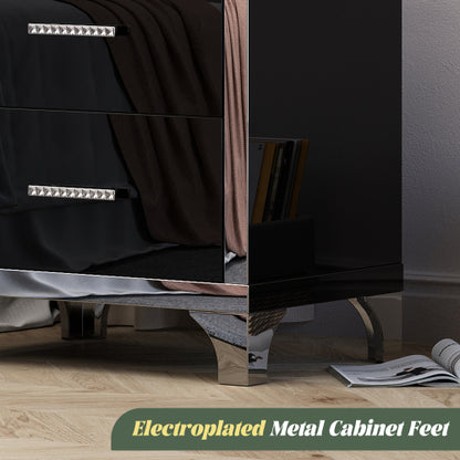 High Gloss Mirrored Nightstand with 2 Drawers,Modern End Table with Drawers,Mirrored High Gloss Wood Nightstand Metal Handle Bedside End Table for Bedroom, Dorm,Living Room,Black
