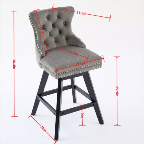 Swivel Velvet Barstools with Button Tufted Decoration and Wooden Legs, and Chrome Nailhead Trim, Leisure Style Bar Chairs,Bar stools, Set of 2 (Black)