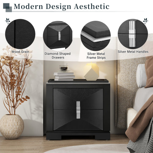 Mid-Century Modern Nightstand, 2 Drawers Wide Sofa Side Table,Wood Diamond Shaped End Table with Storage,Closet with Heavy Duty Base,Small Bedside Table for Bedroom,Living Room,Entrance,Black