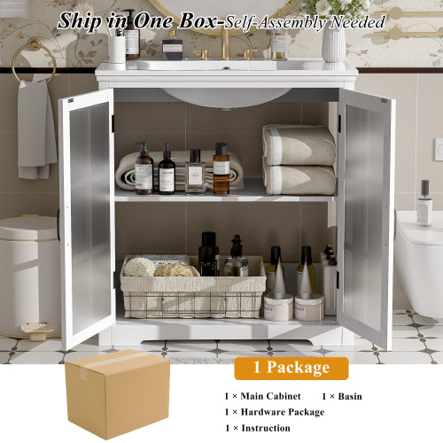 30" Modern Bathroom Vanity with Ceramic Sink, Bathroom Vanity Cabinet with Tempered Blurred Glass and Matte Black Handles, Equipped with Large Storage Space and Rubber Wood Frame, White