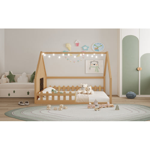 Full Size Wood House Bed with Window and Fence, Natural