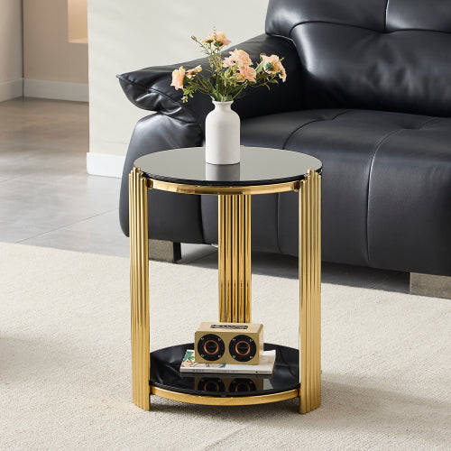 16.9inch  Double-Layer Black Tempered Glass & Gold Steel End Table