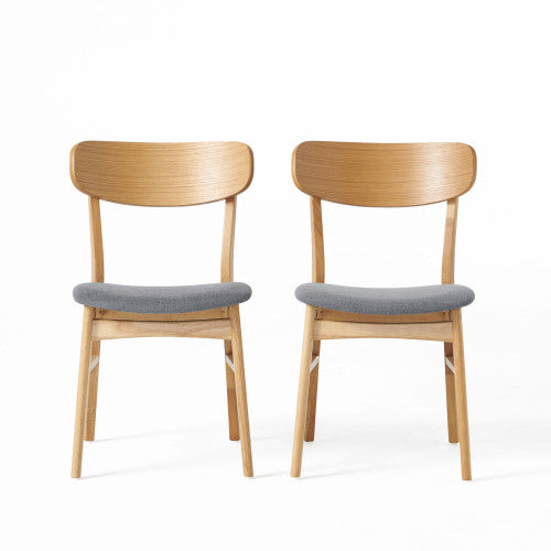 Set of 2 Dark Grey Fabric Dining Chairs, Natural Oak Finish Solid Rubberwood Leg Minimalist Side Chairs