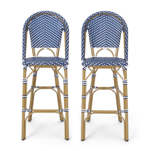 29.5" Outdoor PE Rattan French Barstool, Dark Teal and White, Aluminum Frame with Bamboo Finish (Set of 2)