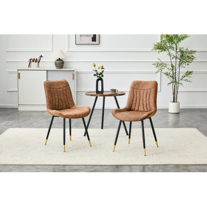 Set of 2 Brown Leathaire Tech Fabric Dining Chairs, Black Semi-Gloss Metal Leg Gold Trim Adjustable Feet Vertical Stitch High Back