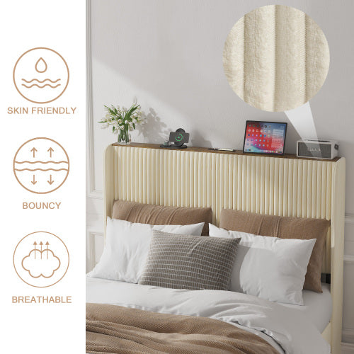 Full Size Platform Bed , Metal Bed Frame with Charging Station, No Box Spring Needed, (Beige), Noise Free,Easy Assemble.