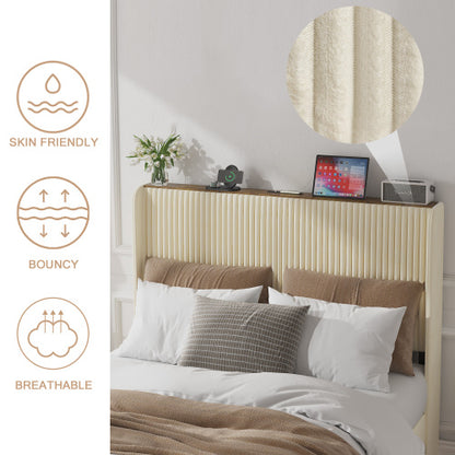 Full Size Platform Bed , Metal Bed Frame with Charging Station, No Box Spring Needed, (Beige), Noise Free,Easy Assemble.