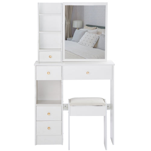 29.2inch  Small Space Left Drawer Desktop Vanity Table + Cushioned Stool, Extra Large Right sliding mirror, Multi Layer High Capacity Storage, Practical Fashionable Dresser, Suitable For Small Space