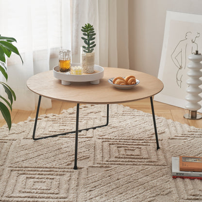 Round Oak Veneer Coffee Table with Carbon Steel Legs