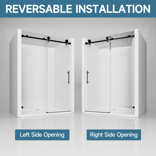 56"-60" W x 76" H Frameless Single Sliding Soft-Close Matte Black Shower Door with 5/16" (8mm) Clear Nano-Coated Tempered Glass and Stainless Steel Handle