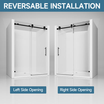 56"-60" W x 76" H Frameless Single Sliding Soft-Close Matte Black Shower Door with 5/16" (8mm) Clear Nano-Coated Tempered Glass and Stainless Steel Handle