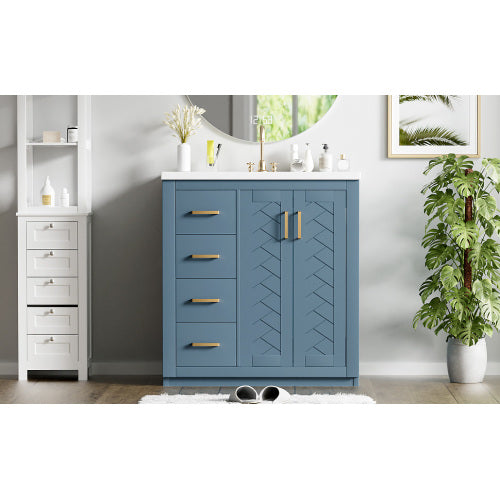 30'' Bathroom Vanity with Ceramic Sink Combo,Solid Wood Frame Bathroom Storage Cabinet, Freestanding Vanity Set with 3 Drawers& Soft Closing Doors