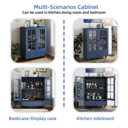 Vintage Blue Buffet Cabinet with Glass Doors Drawer and Adjustable Shelves