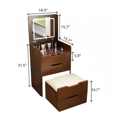 Walnut 3-in-1 Vanity Desk with Flip Top Mirror, Visible Glass Desktop, 3 Drawers, Makeup Vanity Set with Stool