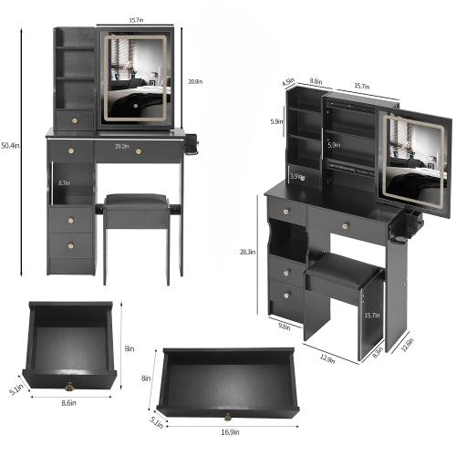 29.2" Small Size Left Drawer Desktop Vanity Table + Cushioned Stool, 2 AC+2 USB Power Station, Hair dryer bracket, Extra Large Touch Control Sliding LED Mirror, Tri-color Switching, Brightness Adjust