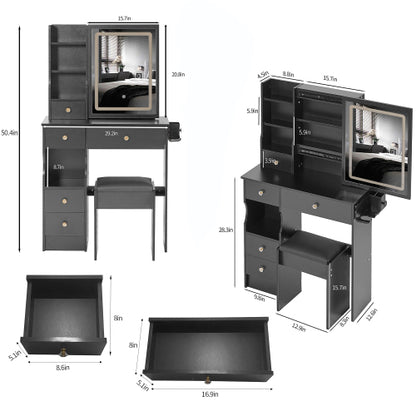 29.2" Small Size Left Drawer Desktop Vanity Table + Cushioned Stool, 2 AC+2 USB Power Station, Hair dryer bracket, Extra Large Touch Control Sliding LED Mirror, Tri-color Switching, Brightness Adjust