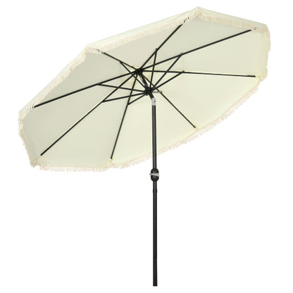 Outsunny 9ft Patio Umbrella with Push Button Tilt and Crank, Ruffled Outdoor Market Table Umbrella with Tassles and 8 Ribs, for Garden, Deck, Pool, Cream White