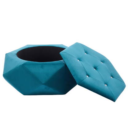 Blue Velvet Polygon Diamond Tufted Storage Ottoman, 34 inchL Lift Top Footrest with Hidden Storage Space
