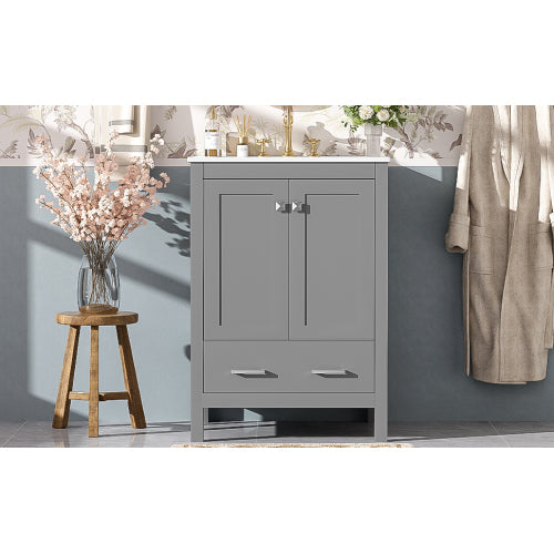 24-inch bathroom vanity with integrated undermount basin and a storage cabinet featuring 2 doors and 1 drawer. Includes double-layer door shelf, soft-close design, and versatile storage solutions
