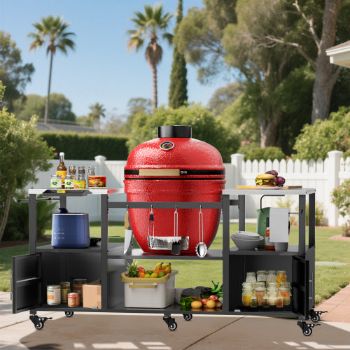 Outdoor Grill Table for Big Green Egg Style BBQ, Metal Grill Cart with Storage Box, Compatible with up to Large Green Egg, Kamado Joe Jr
