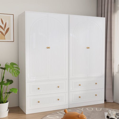 Armoire Wardrobe Closet, Wooden Cloth Storage Organizer with 2 Storage Drawers and Removable Hanging Rods, White