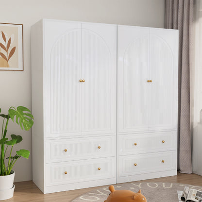Armoire Wardrobe Closet, Wooden Cloth Storage Organizer with 2 Storage Drawers and Removable Hanging Rods, White