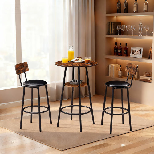 3 Pieces Round Bar Table and Chairs Set, Small Dining Table for 2 with 2-Tier Storage & 2 PU Upholstered Bar Stools for Kitchen, Dining Room, Living Room, Bar, Cafe, Small Space Corner, Rustic Brown