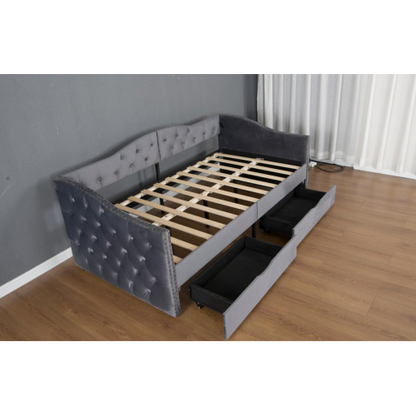 Upholstered Daybed with Storage Drawers, Wood Daybed Twin Size, with USB ports & 2 storage drawers, No Box Spring Needed, Grey