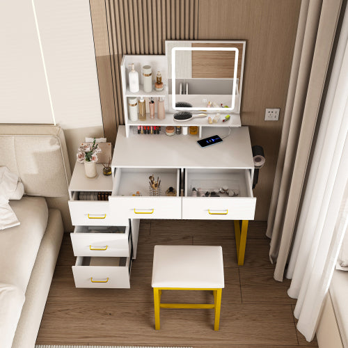 Makeup Vanity with LED Lights&3 Color and Power Outlet Makeup Vanity Table with 5 Drawers with Sturdy Metal Leg and Metal Chair Dressing Table for Bedroom Dressing Room (White)