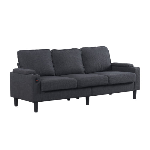 Dark-Grey L-Shaped Sectional 3-Seat Combo Sofa with Storage Ottoman USB Ports Cup-Holders for Living Room Apartment