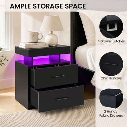 Black 2-Piece LED Nightstand Set with Fabric Drawers