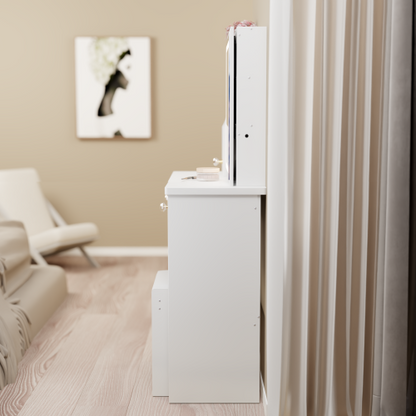 29.2inch  Small Space Left Drawer Desktop Vanity Table + Cushioned Stool, Extra Large Right sliding mirror, Multi Layer High Capacity Storage, Practical Fashionable Dresser, Suitable For Small Space