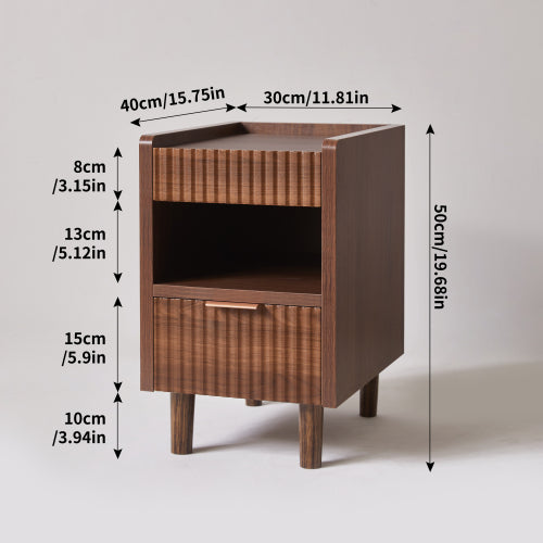 Walnut Fluted Nightstands Set of 2 with Drawer and Open Storage