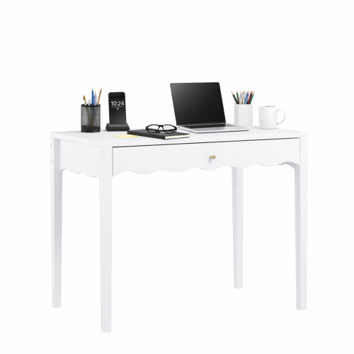 White 35.43inch  Vanity Desk with Drawer ¨C Modern Makeup Table with Scalloped Front & Gold Knob, Compact Writing Desk with 4 Sturdy Legs for Bedroom, Small Home Office & Apartment Spaces