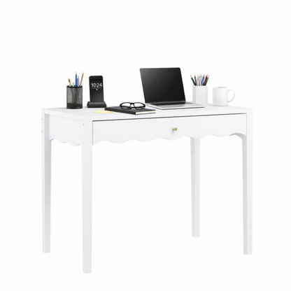 White 35.43inch  Vanity Desk with Drawer ¨C Modern Makeup Table with Scalloped Front & Gold Knob, Compact Writing Desk with 4 Sturdy Legs for Bedroom, Small Home Office & Apartment Spaces
