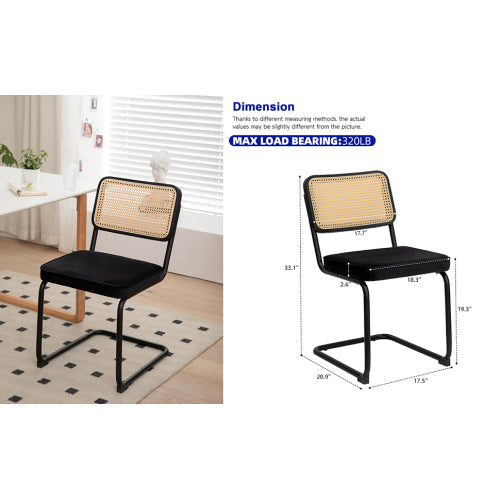Set of 2 Black Velvet Rattan Cantilever Dining Chairs, Chrome Tubular Steel Breuer Stackable Side Chairs
