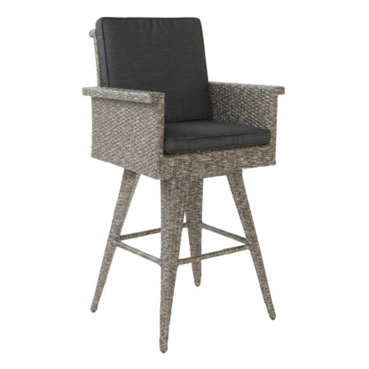 30" Outdoor Wicker Swivel Barstool with Water Resistant Cushion, Mixed Black and Dark Grey