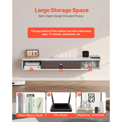 47 Inch White Floating Wall Mount TV Console, Particle Board Storage Cabinet with Cable Holes for TV