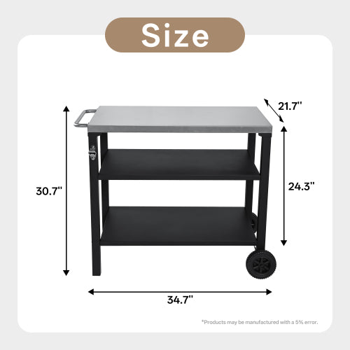 3-Tier Outdoor Grill Cart with Stainless Steel Top, Movable BBQ Prep Table with Wheels, Rolling Serving Bar Cart for Patio, Backyard, Pizza Oven Stand, Black