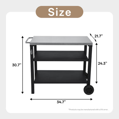 3-Tier Outdoor Grill Cart with Stainless Steel Top, Movable BBQ Prep Table with Wheels, Rolling Serving Bar Cart for Patio, Backyard, Pizza Oven Stand, Black