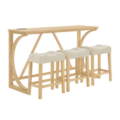 4-Piece 59inch  Bar Set with Outlet, Solid Wood Frame & 3 Linen Stools