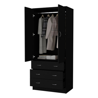 Armoire, with 2 doors, 3 drawers and 1 hanging rod, Black